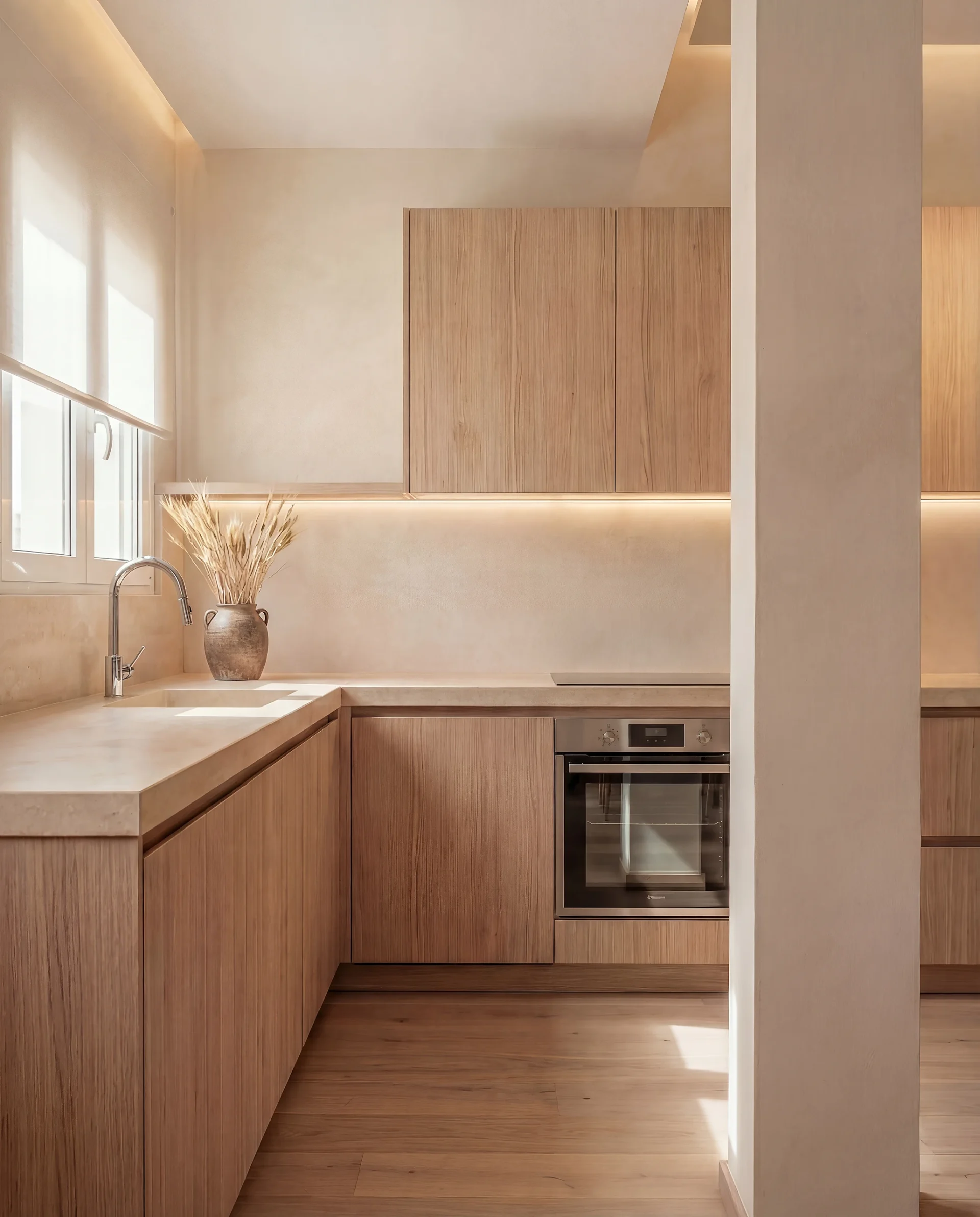 Modern kitchen renovation in Barcelona. Light oak cabinets and custom storage by Puntoreforma